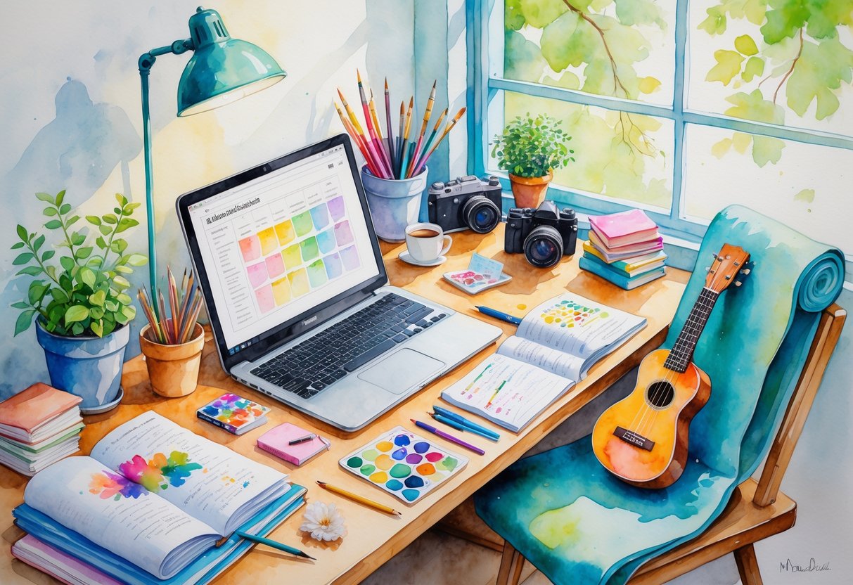 A cozy workspace with a desk, laptop, coffee cup, and items representing hobbies like plants, paintbrushes, books, a camera, knitting supplies, a yoga mat, and a small musical instrument.