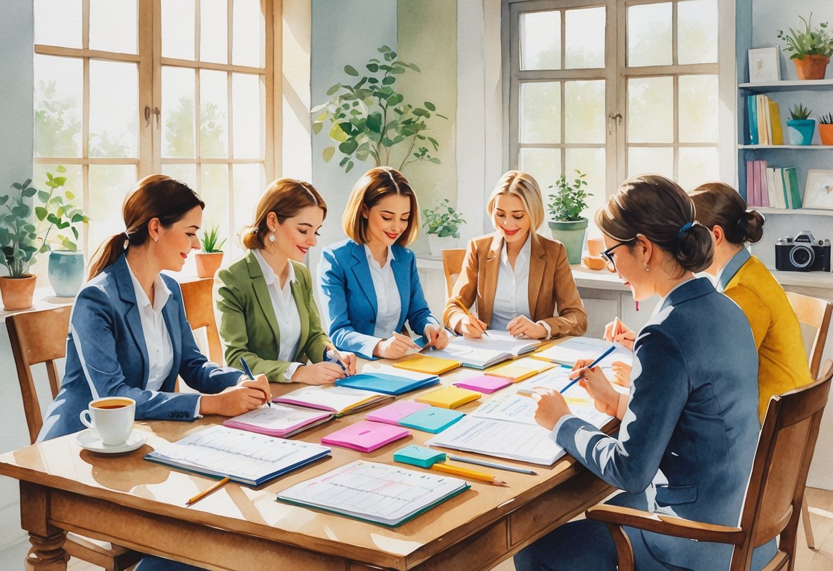 A group of people sitting around a table with planners and calendars, surrounded by items like a plant, sketchbook, tea cup, knitting, and a camera in a bright, cozy room.