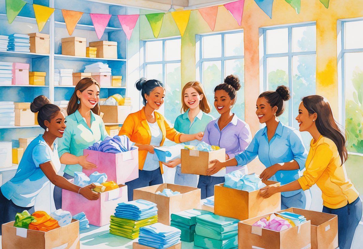 A group of people volunteering together in a community center, packing donations and helping others.