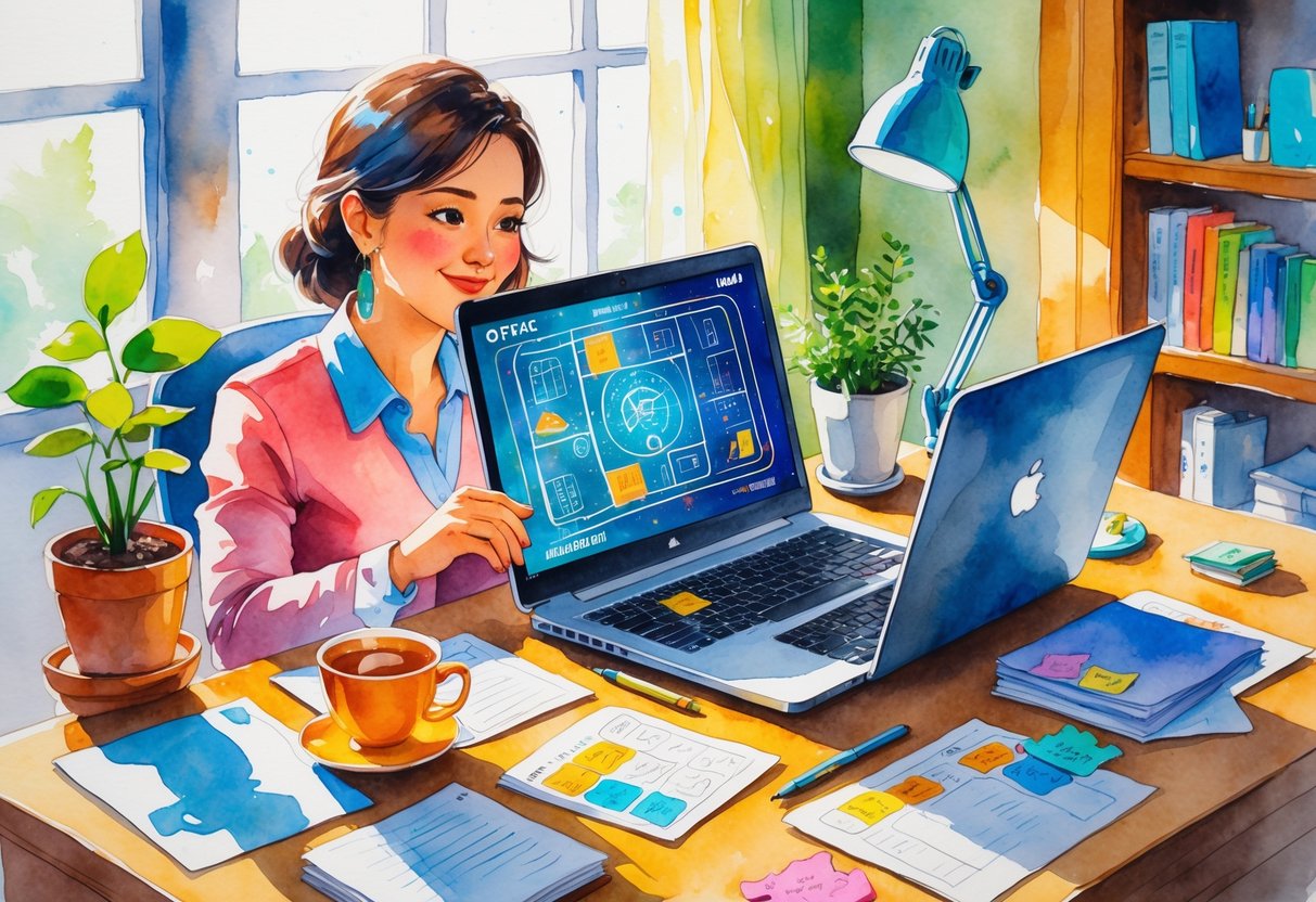 An administrative assistant working on a laptop at a desk surrounded by puzzle pieces and notes in a cozy home office.
