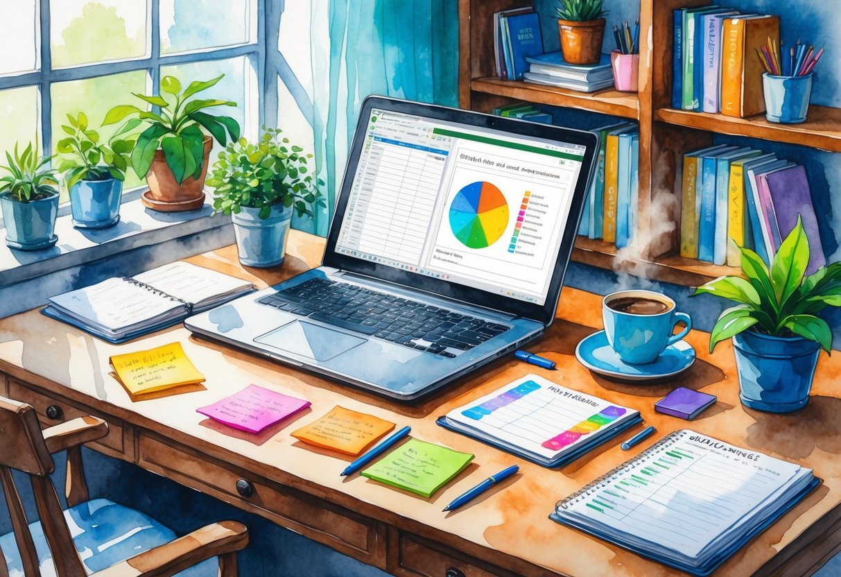 A workspace with a laptop, sticky notes, a planner, a coffee cup, and a potted plant on a wooden desk near a window.