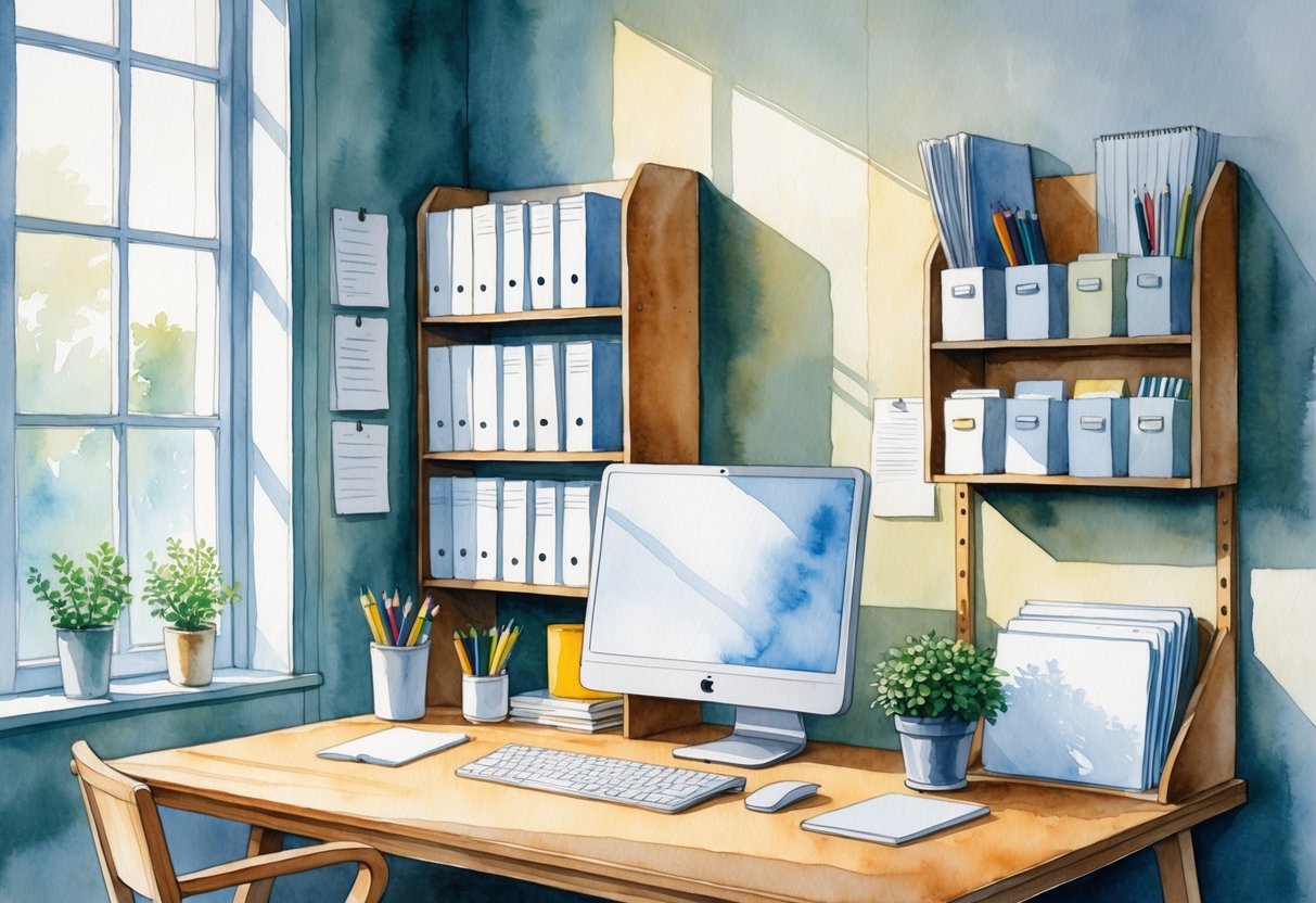 An organized office workspace with vertical storage, a desk with stationery, a computer, and a small plant near a window.