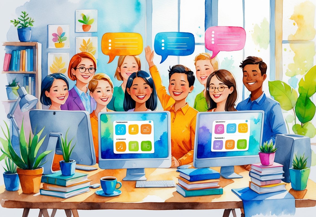 A group of people participating in a virtual trivia game on their computers in a cozy home office setting surrounded by hobby-related items.