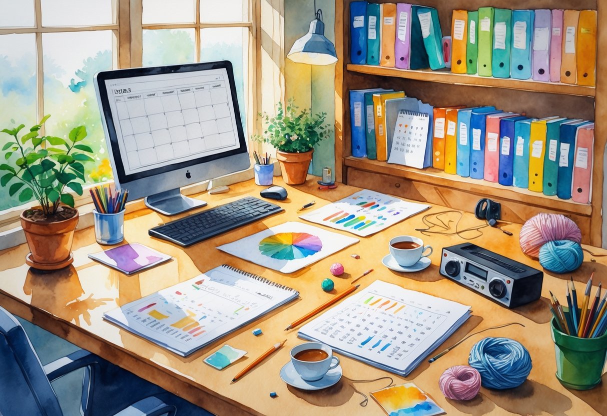 A cozy workspace with a desk, computer, calendar, plants, art supplies, knitting materials, and a music player, showing a balance of work and hobbies.