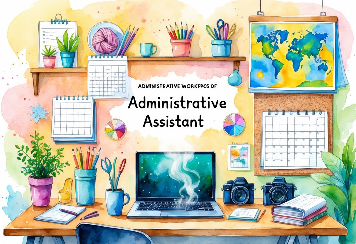 A cozy workspace with a desk and various items representing hobbies like gardening, drawing, knitting, cooking, reading, photography, yoga, music, puzzles, and travel.