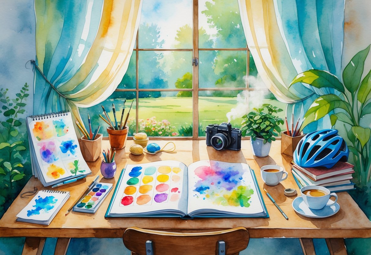 A cozy workspace with a person at a desk surrounded by art supplies, knitting materials, books, a guitar, a camera, and a bicycle helmet, with a garden visible through a window.