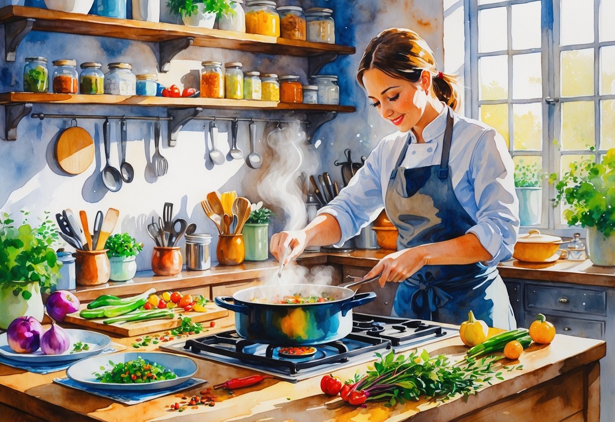 A cozy kitchen scene with a person preparing a gourmet meal surrounded by fresh ingredients and cooking tools.