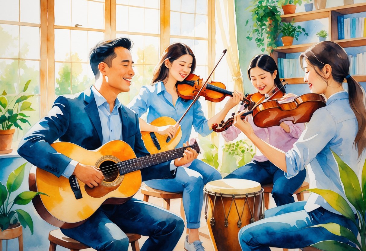 A group of people playing different musical instruments together in a warm indoor room.