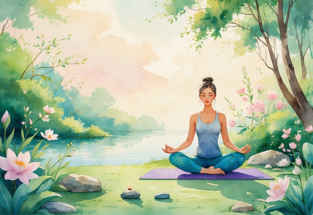 A person practicing yoga outdoors near a calm pond surrounded by plants and flowers, creating a peaceful and balanced atmosphere.