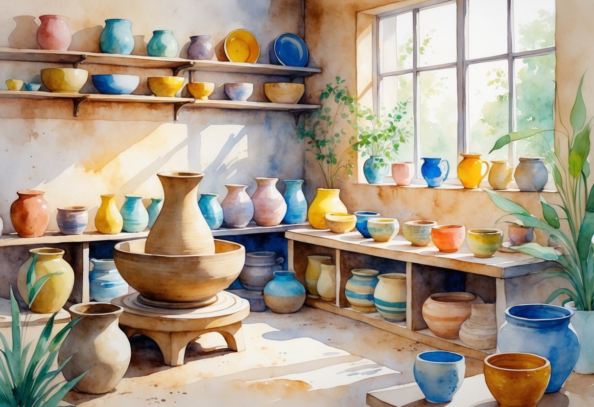 A person shaping clay on a potter's wheel in a pottery studio surrounded by shelves of ceramic bowls and mugs.