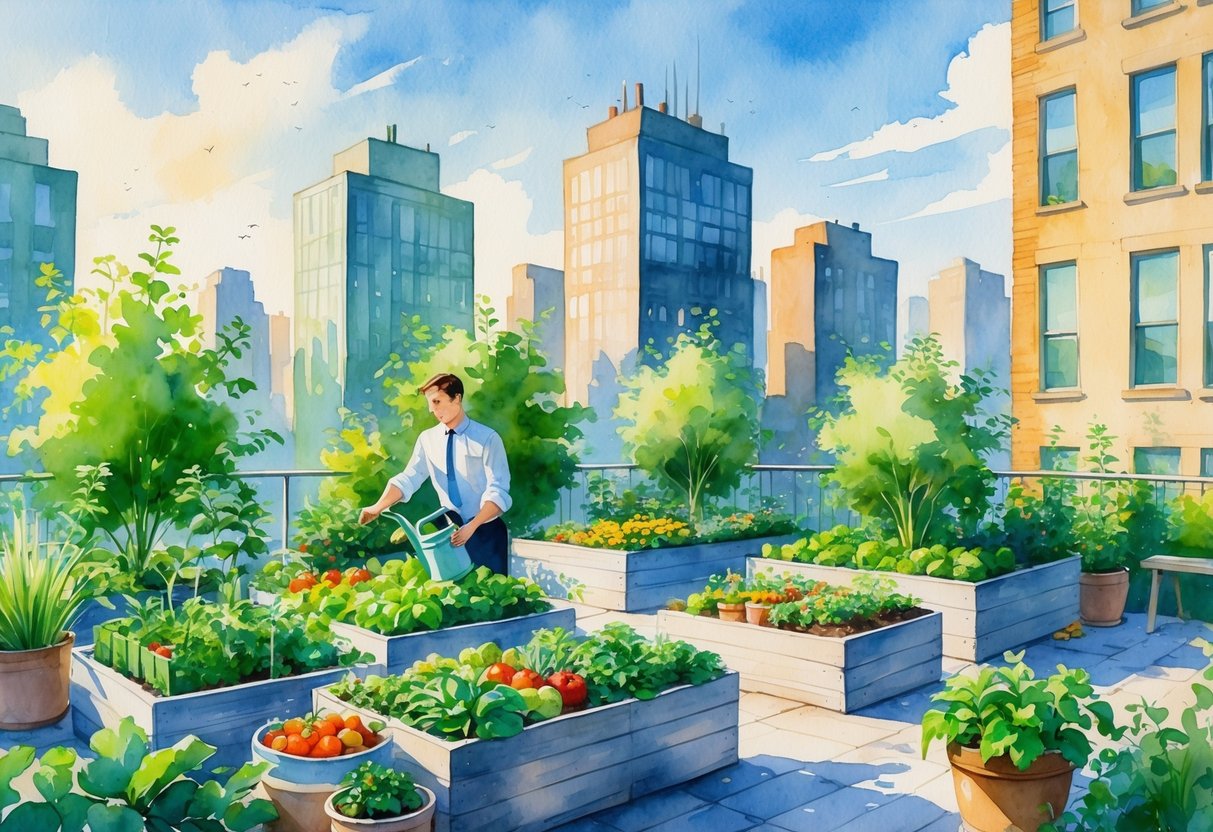 A person tending to plants in a rooftop garden surrounded by city buildings under a clear sky.
