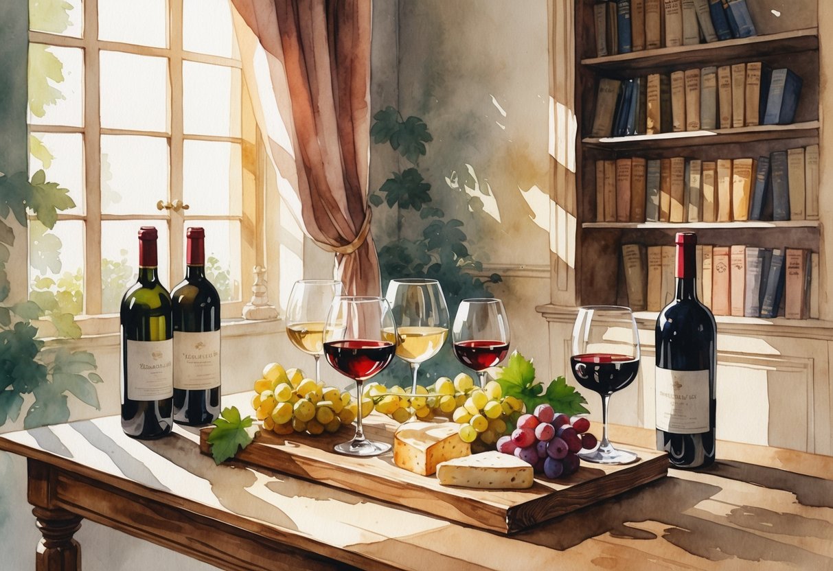 A cozy room with a wooden table set with wine bottles, glasses, cheese, and grapes, with a bookshelf in the background.