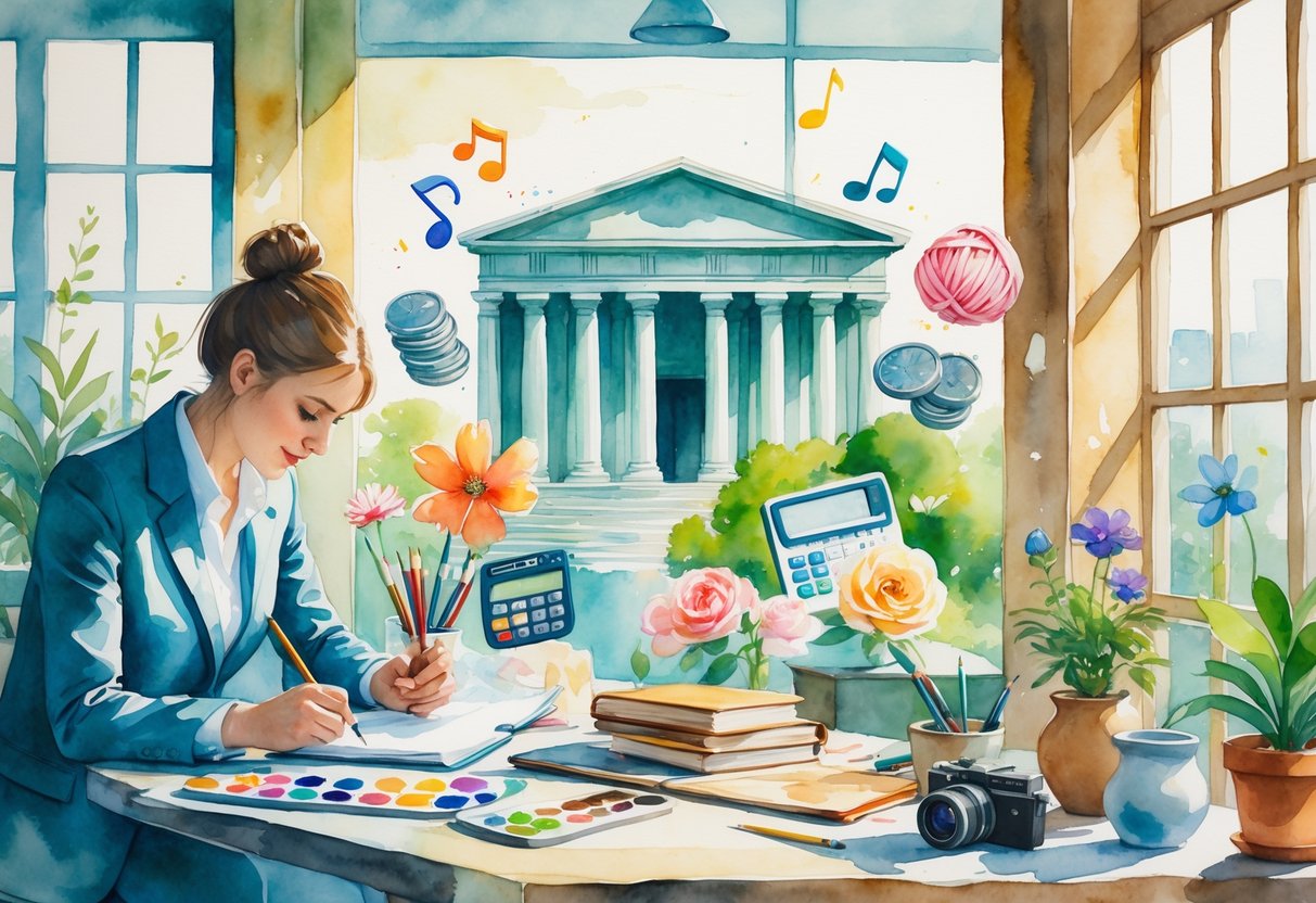 A person in business clothes sketching at a desk surrounded by artistic tools, with images of a bank building, coins, flowers, musical notes, and crafting items around them in a cozy room.
