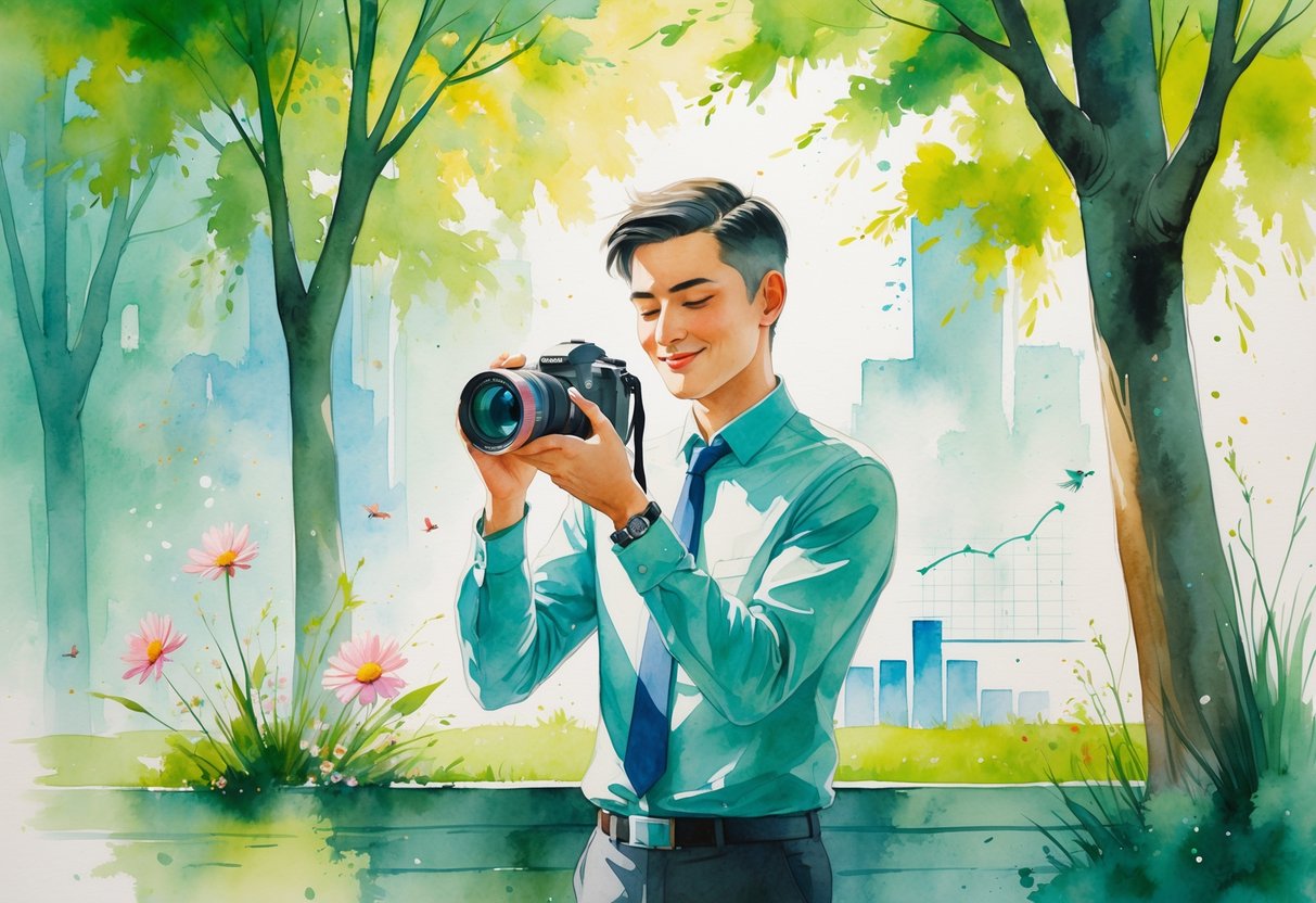 A person in semi-formal clothes taking photos with a digital camera in a sunny park surrounded by trees and flowers.