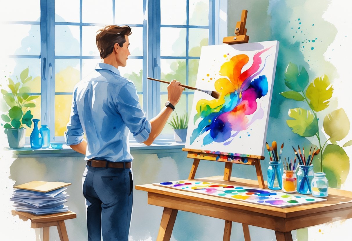 A person painting on a canvas in a bright art studio with paint supplies on a table nearby.