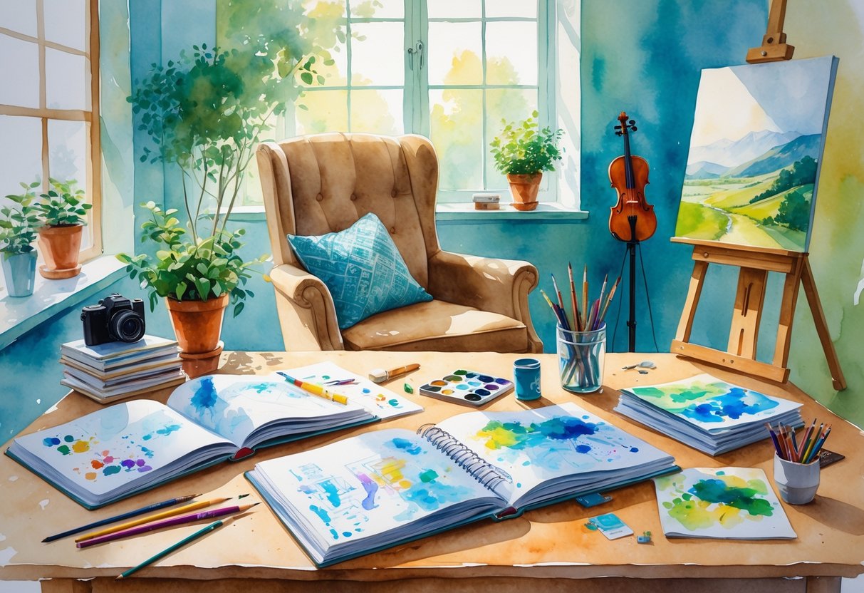 A cozy room with a desk holding art supplies, a knitting project on an armchair, a camera on books, a violin, and a canvas with a landscape painting.