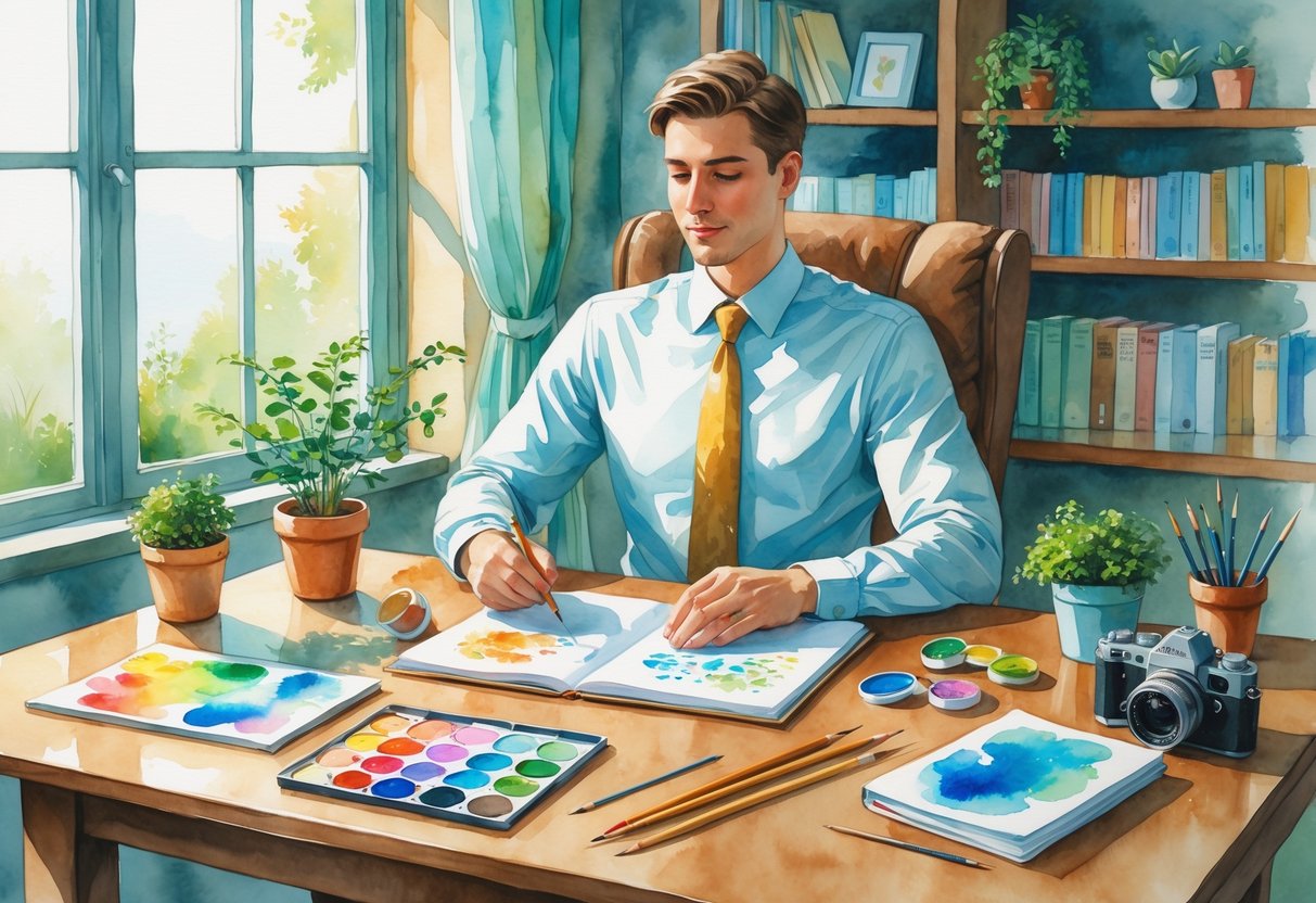 A person at a desk surrounded by art supplies, plants, and creative tools in a cozy room with natural light.