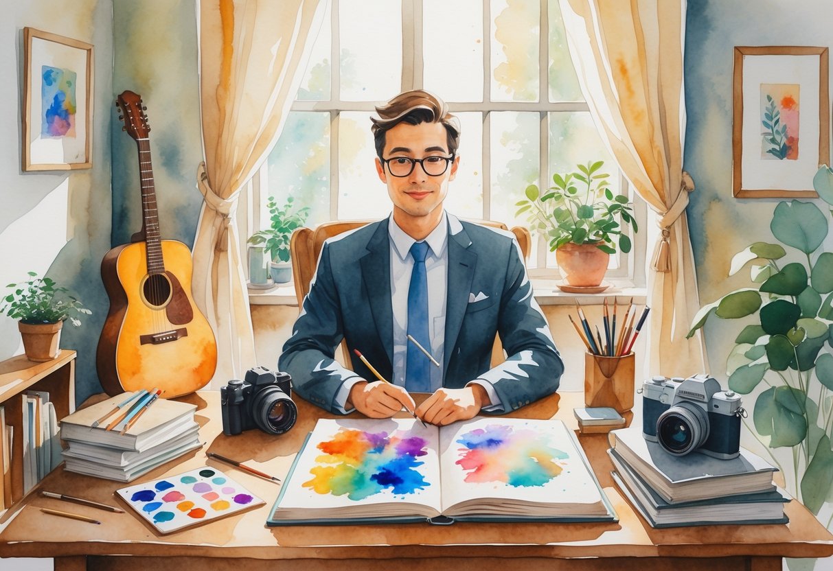 A person sitting at a desk in a cozy room surrounded by various creative hobby items including art supplies, a guitar, books, knitting materials, a camera, and a sketchbook.