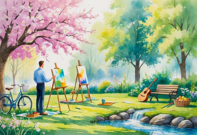 A peaceful park scene showing a person enjoying hobbies like reading, painting, yoga, gardening, playing guitar, and meditating near a stream surrounded by trees and flowers.