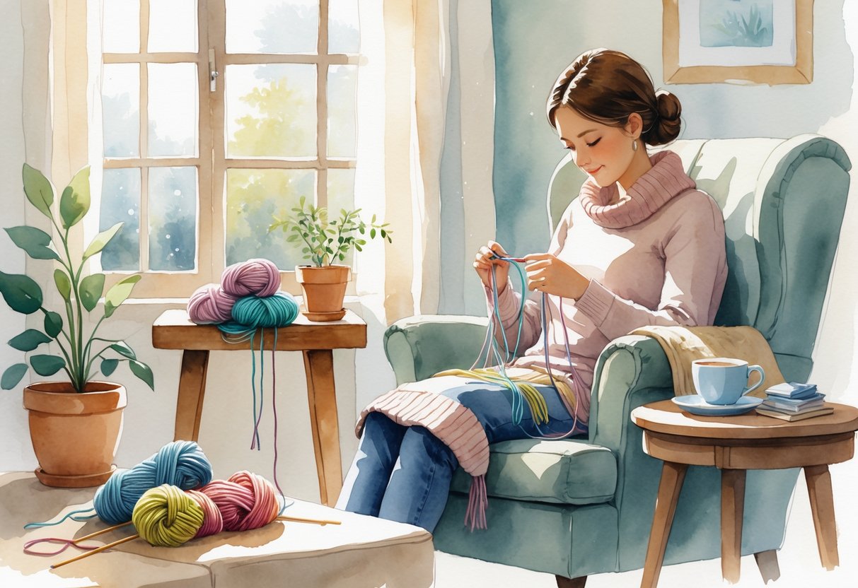 A person sitting in a cozy room knitting or crocheting with yarn and needles, surrounded by a blanket, a cup of tea, and a potted plant.