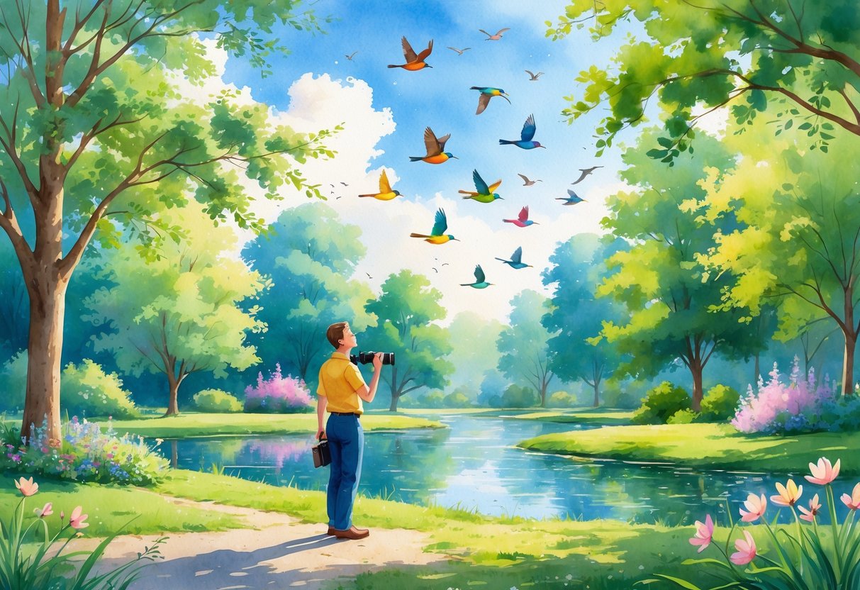 A person bird watching in a green park with trees, colorful birds, flowers, and a small pond.
