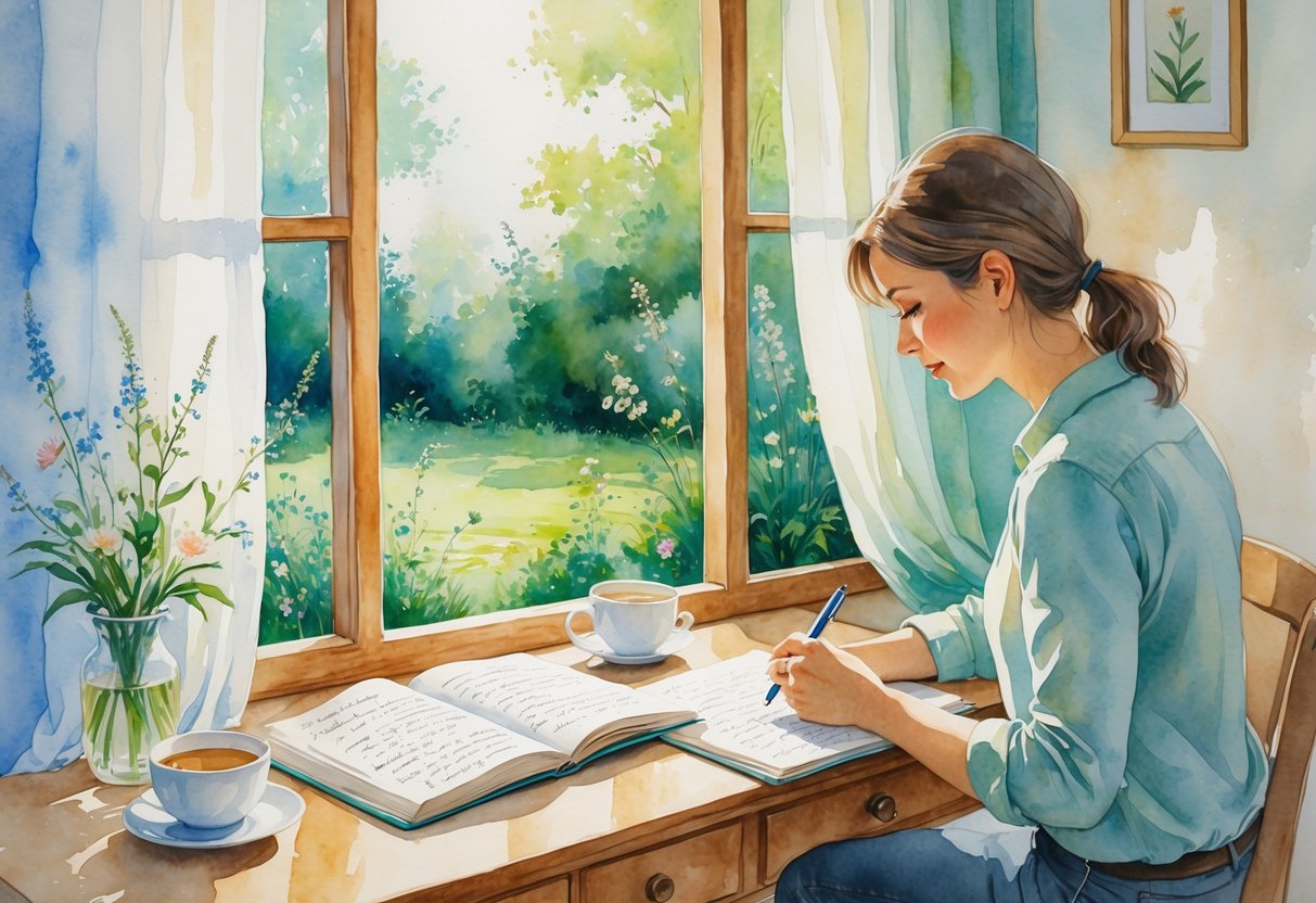 A person writing in a journal at a sunlit desk near a window with plants and flowers outside.