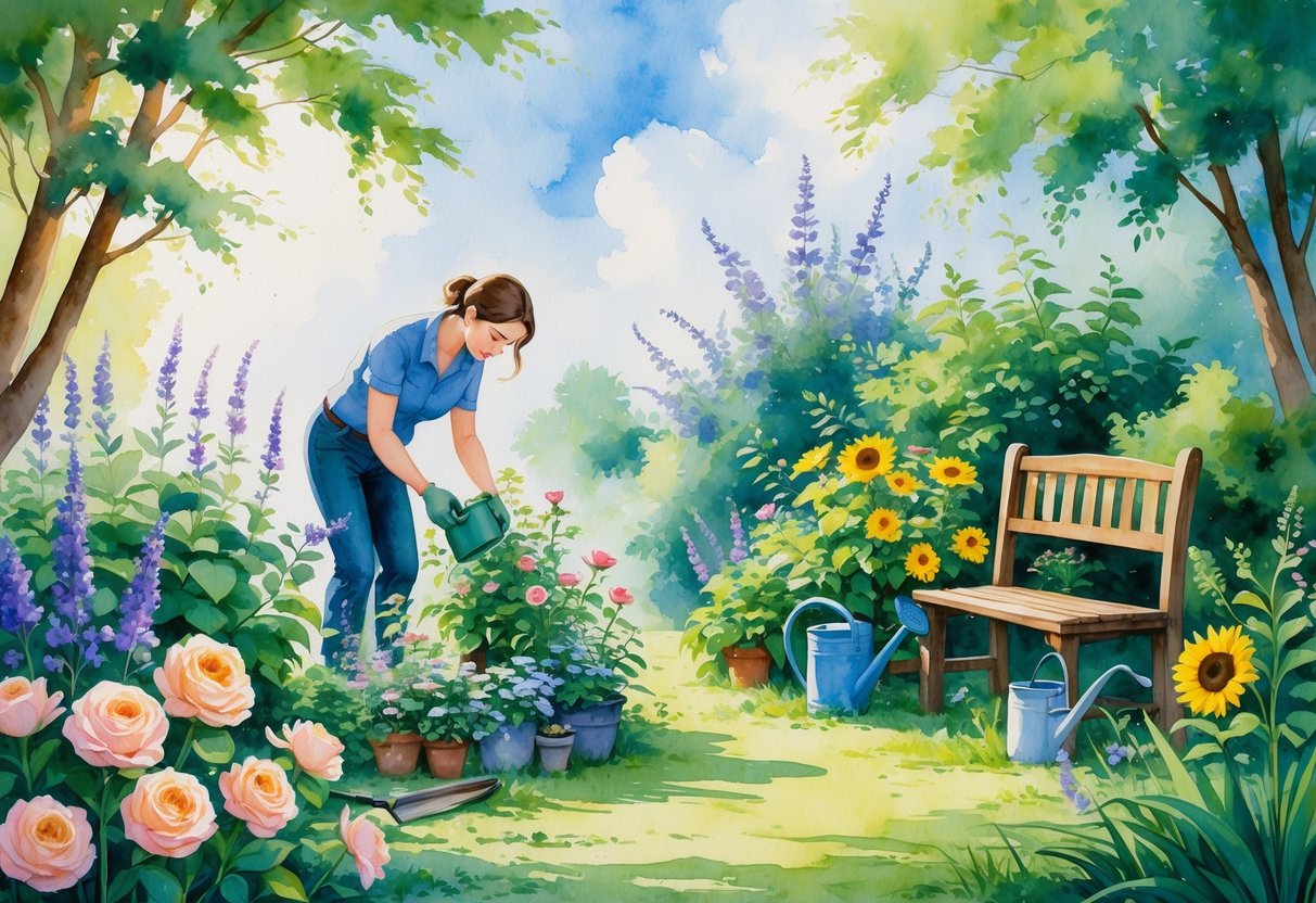A person gardening among colorful flowers and plants in a peaceful outdoor garden.