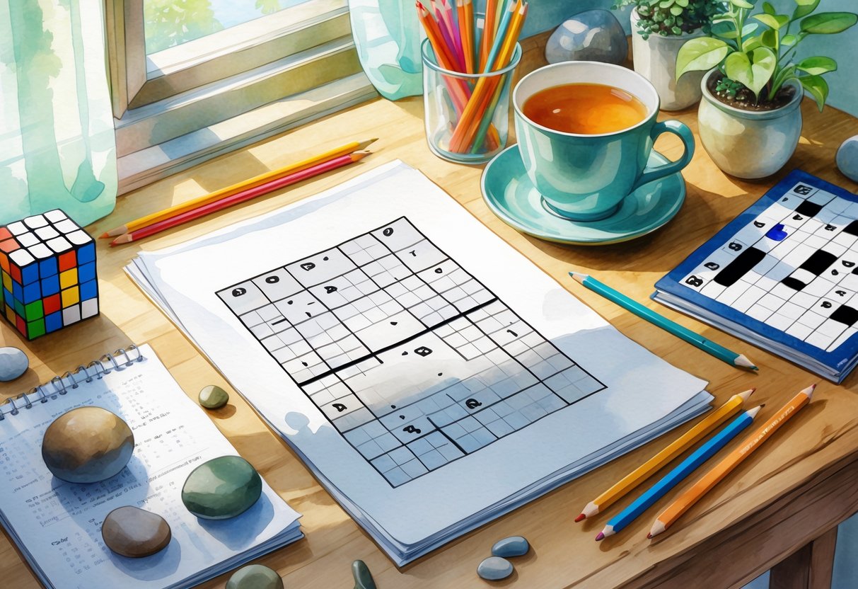A peaceful desk with a Sudoku puzzle, colorful pencils, a Rubik's cube, a crossword book, a cup of tea, and a small plant.