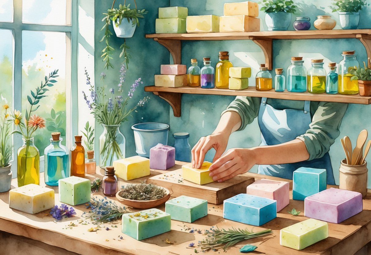 A cozy soap making workshop with hands shaping soap on a wooden table surrounded by soap ingredients, bottles, and plants.