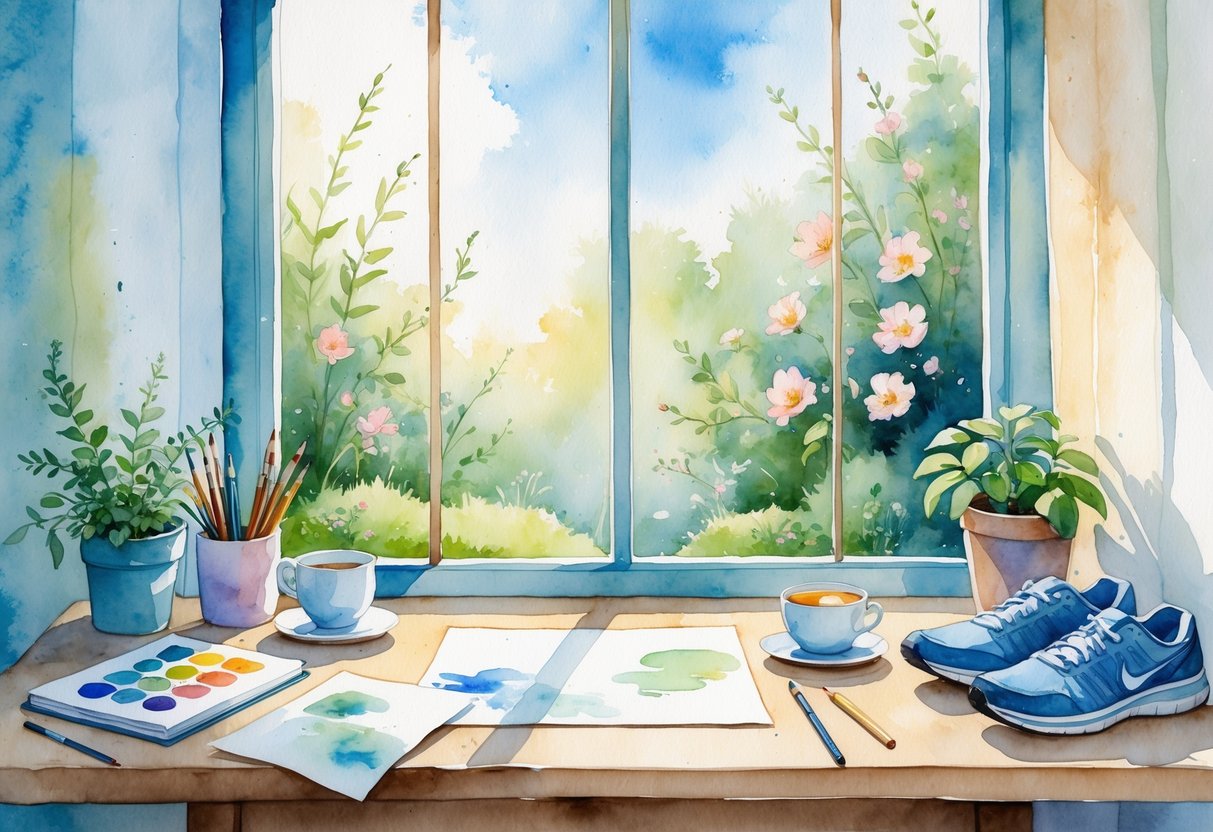 A peaceful workspace by a window with art supplies, a cup of tea, a plant, a book, and running shoes, overlooking a garden with flowers under a clear sky.