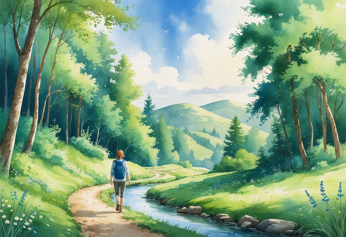 A person walking on a forest trail surrounded by trees, wildflowers, hills, and a small stream under a blue sky.