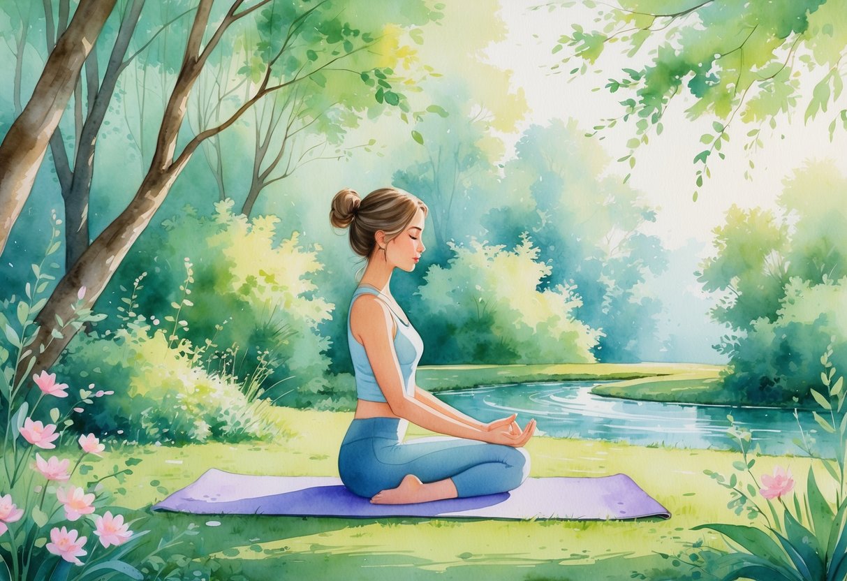 A person practicing yoga in a peaceful garden surrounded by trees, flowers, and a small stream.