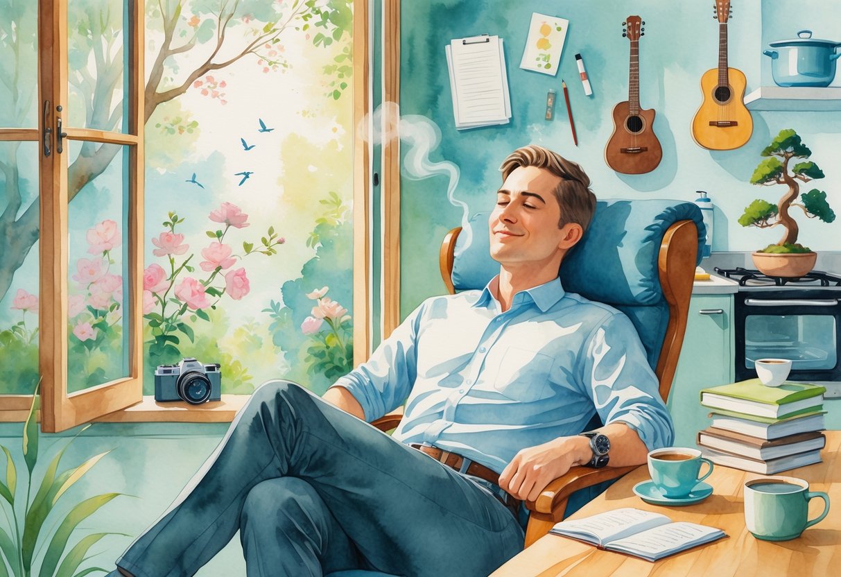 A person relaxing in a cozy home office surrounded by items representing hobbies like running shoes, a guitar, paintbrush, yoga mat, bonsai tree, books, camera, and cooking pot, with a garden visible through an open window.