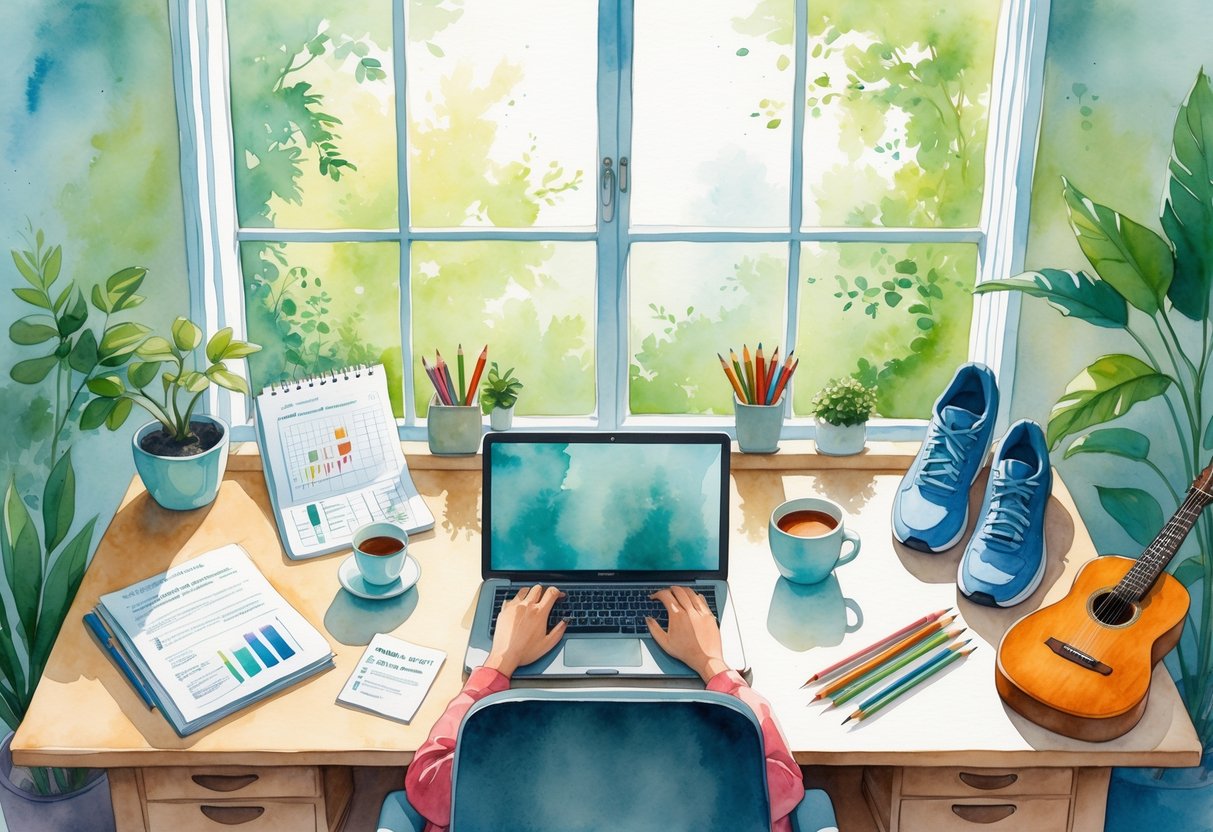 A peaceful office scene showing a desk with work items and surrounding objects representing hobbies like knitting, drawing, running shoes, and a guitar.
