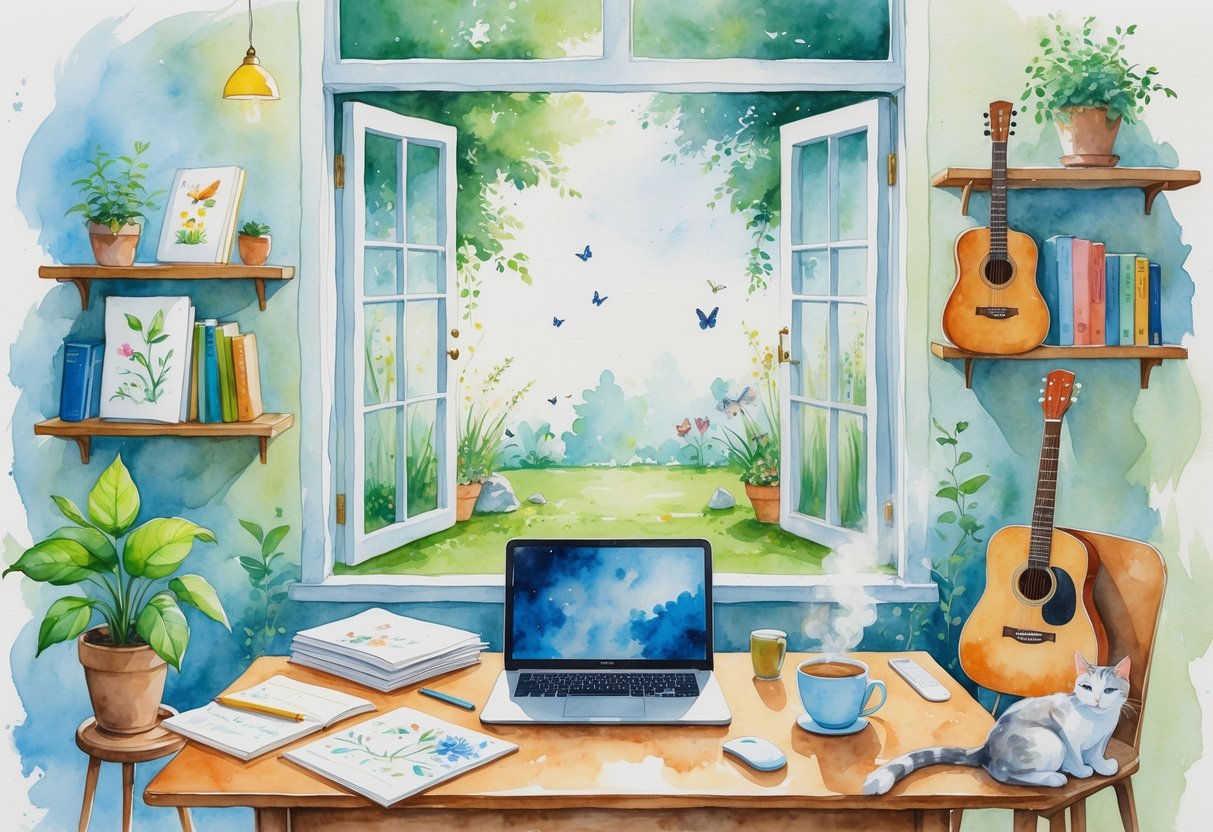 A peaceful home office with a desk, laptop, indoor plants, sketchbook, yoga mat, guitar, running shoes, a cup of tea, books, a cat resting on a chair, and a window showing a garden with birds and butterflies.