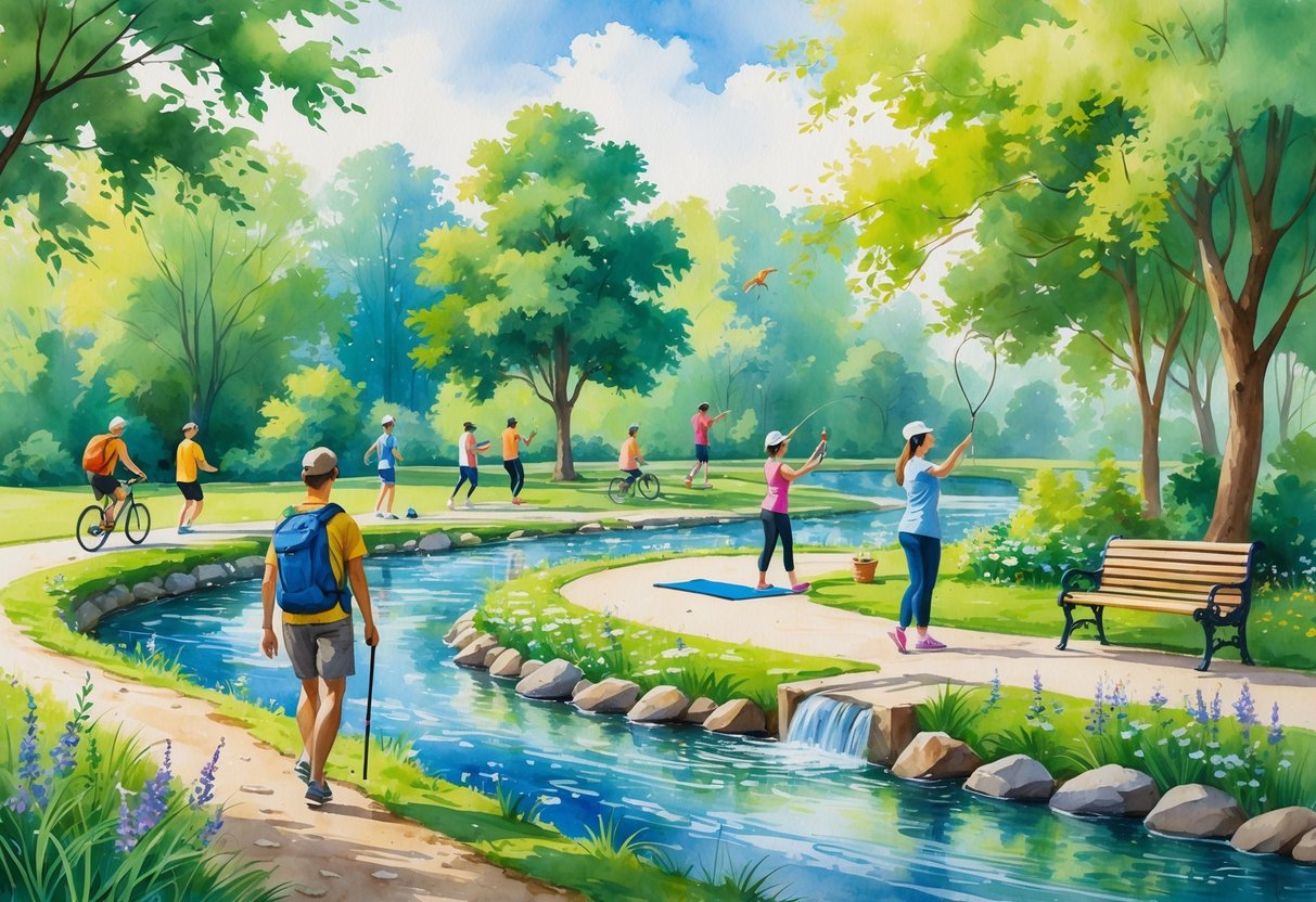A park scene showing people hiking, cycling, doing yoga, fishing, gardening, sketching, playing tennis, jogging, birdwatching, and reading.