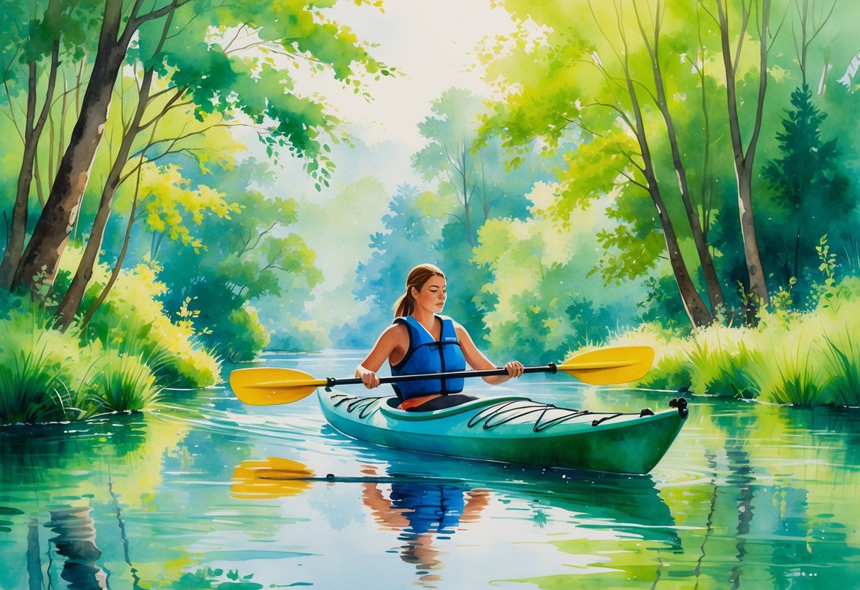 A person kayaking on a calm river surrounded by trees and greenery.