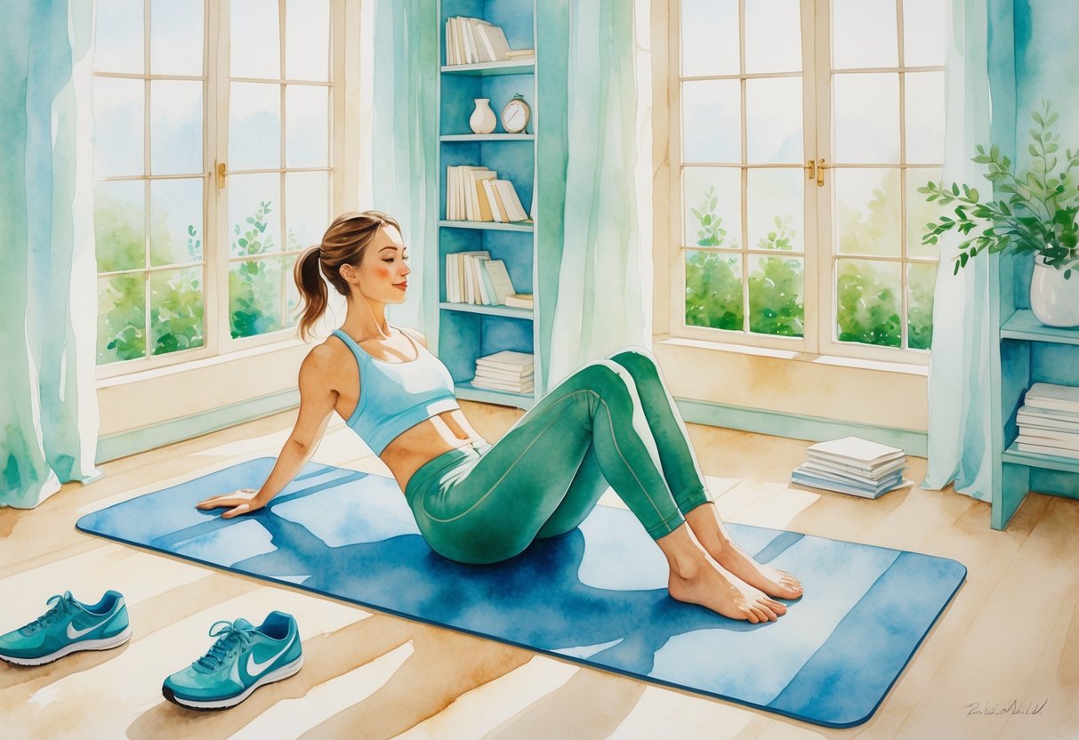 A person doing a Pilates exercise on a mat in a bright room with large windows and some active hobby items nearby.