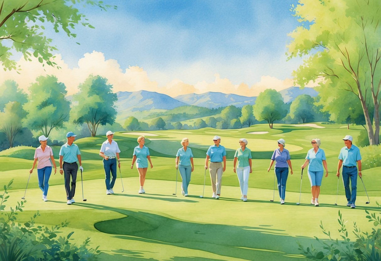 A group of people walking and socializing on a green golf course surrounded by trees and hills.