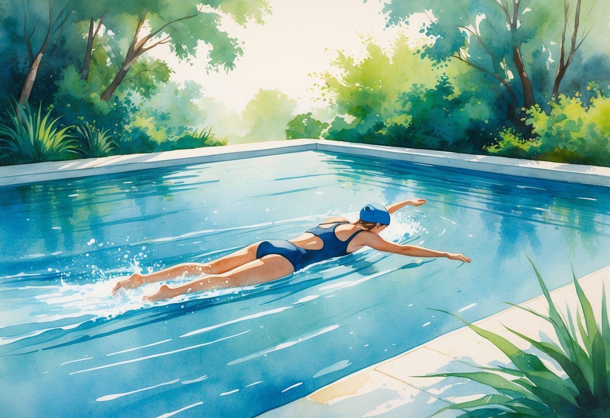 A person swimming in a calm outdoor pool surrounded by green plants and sunlight.