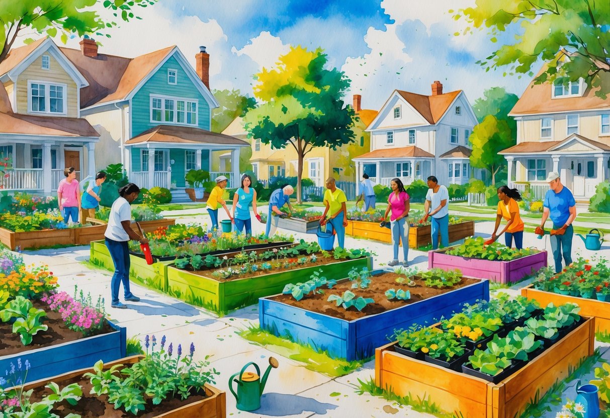 People of different ages gardening together in a community garden with flowers, vegetables, and houses in the background.