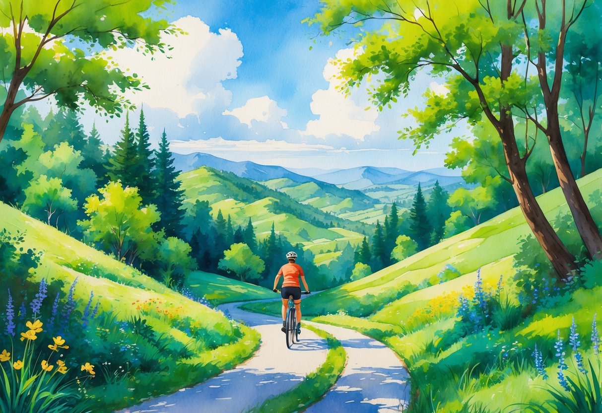 A person cycling on a winding trail through green hills and trees with mountains in the distance.