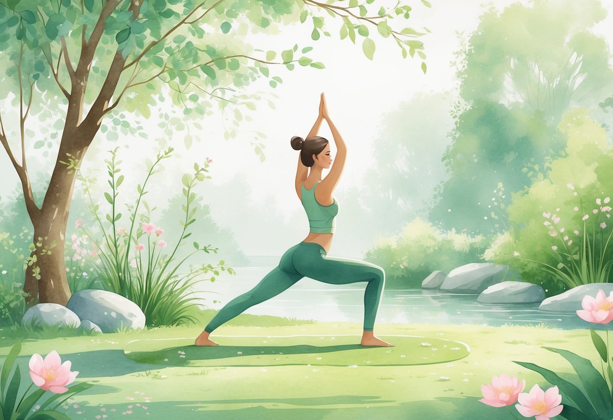 A person practicing a balanced yoga pose outdoors in a peaceful garden surrounded by plants and flowers.