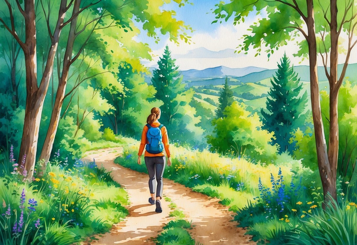 A person hiking on a trail through a green park with trees, wildflowers, hills, and mountains in the background.