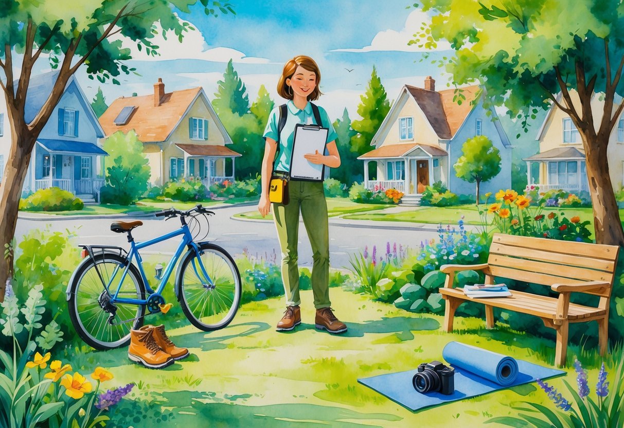 A person outdoors surrounded by a bicycle, hiking boots, a sketchbook, a garden, a yoga mat, and a camera near suburban houses.
