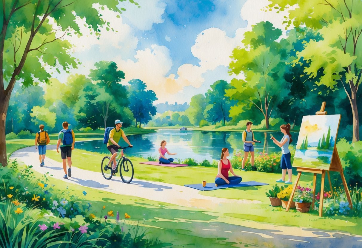 People enjoying outdoor activities like hiking, cycling, yoga, gardening, and painting in a park near a lake surrounded by trees and flowers.