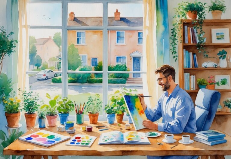 A person in a sunlit room surrounded by art supplies, plants, books, and hobby items, enjoying various activities like painting and reading.