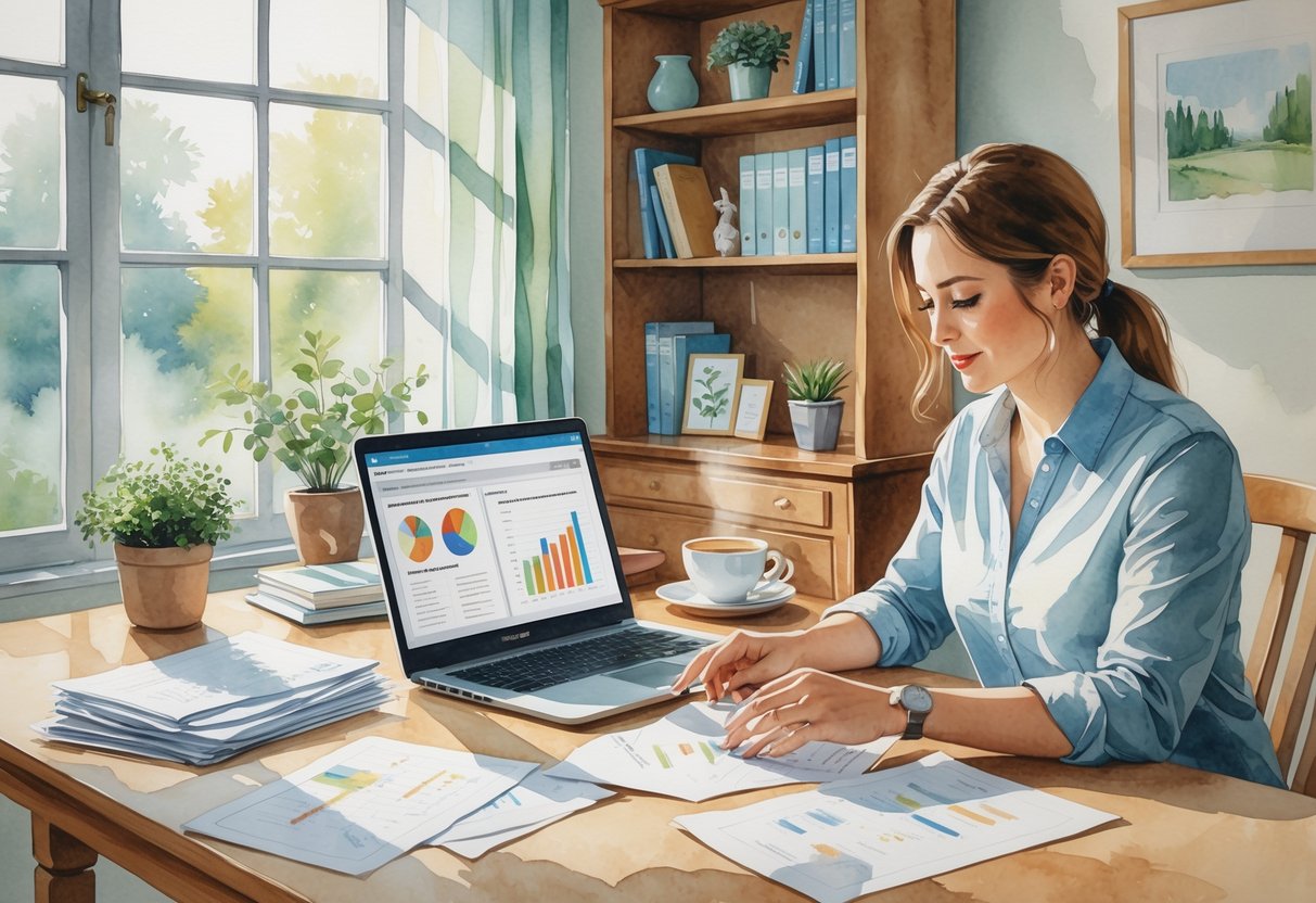 A person working at a desk with papers, a laptop, and a cup of tea in a cozy room with a window and a bookshelf.