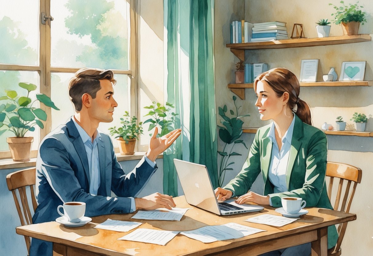 Two people sitting at a table in a cozy room, practicing a negotiation role-play with papers and a laptop in front of them.