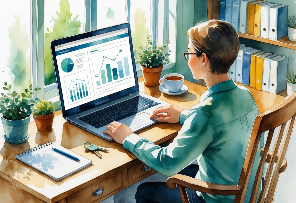 A person sitting at a desk using a laptop in a cozy room with a window, plants, and books nearby.